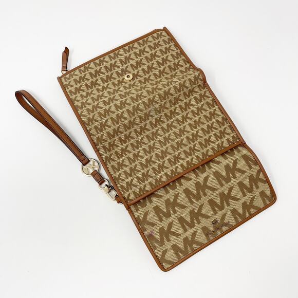 MK Michael Kors Signature Tan Brown Leather Trifold Wallet Gold Hardware Wrist - Picture 4 of 10